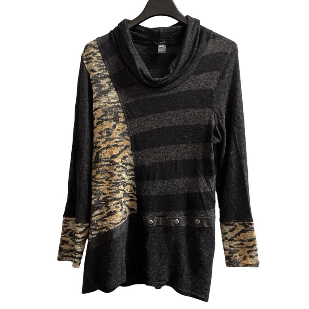 Michael Tyler Top Womens XL Black Mixed Media Cowl Neck Artsy Lagenlook Tunic